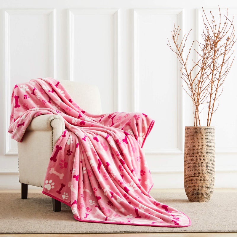 Allisandro Luxurious Dog Blanket, 350 GSM Super Fuzzy Microplush Fleece Pet Blankets for Small Medium Large Dogs and Cats, Pink Paw and Bone, 40" x 32" - Image 4